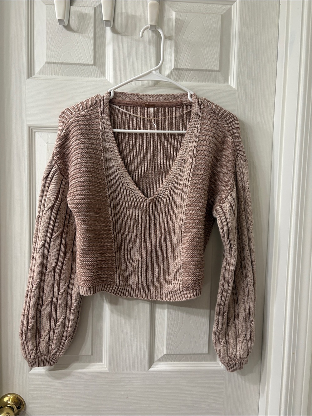 Free People V-Neck Cropped Cable Sleeve Sweater